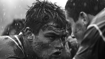 The intense concentration of players as they engage in a closeup scrum photo