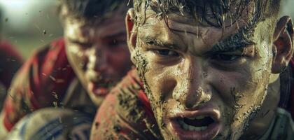 The strained expressions of players as they fight for dominance in the scrum photo