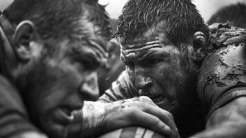 The tight grip of players as they push against each other in the scrum formation photo
