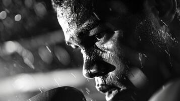 The determination on a boxers face is mirrored in the ferocity of his movements photo