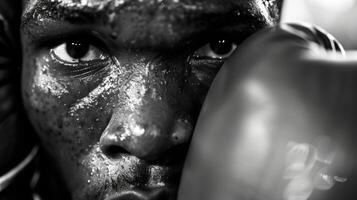 In between rounds a boxers face reveals the toll that the match has taken on his body photo