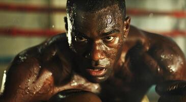 With sweat and adrenaline coursing through his s a boxers expression twists into a fierce scowl photo