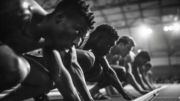 A moment frozen in time as sprinters crouch at the starting blocks their bodies coiled like springs about to be released photo