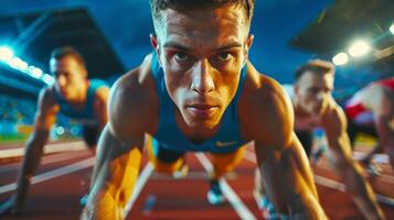 The stadium lights casting a dramatic glow on the determined expressions of sprinters at the starting blocks photo