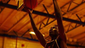 The concentration and precision in a players shooting hand as they take a free throw photo