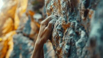 The jagged edges of a rock climbers hand gripping onto the wall captured in a closeup shot of their ascent photo
