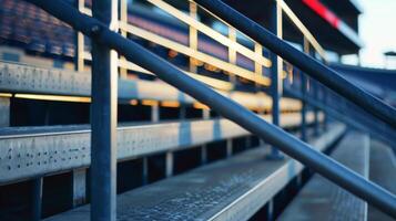 The metal railings provide safety and support for fans making their way up and down the stadium steps photo