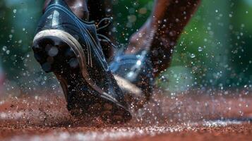 Closeup shot of a sprinters feet digging into the starting blocks the energy and power about to be unleashed photo