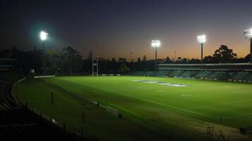 An elevated view of a partially lit stadium showing the gradual progress as the floodlights switch on one by one photo