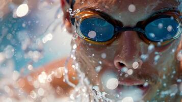 A swimmers goggles filling with water as they push their body to the limit during a grueling race photo