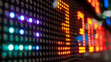 The electronic scoreboard flashing bright colors and numbers to display the time and current score photo