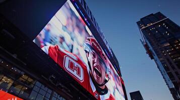 The towering jumbotron displaying a closeup shot of a players emotional reaction after scoring the winning goal photo