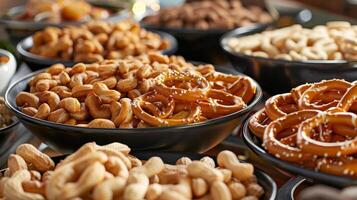 A display of classic stadium snacks like peanuts pretzels and soft pretzels sure to hit the spot during a long game photo