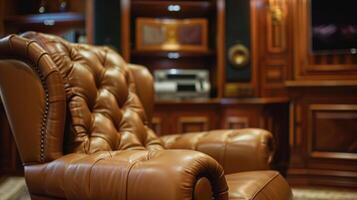 Closeup of a plush leather armchair with builtin cup holders surrounded by elegant wood paneling and a stateoftheart entertainment system photo