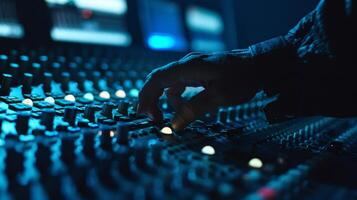 A closeup of a sound engineer adjusting levels on a digital soundboard ensuring the perfect audio mix photo
