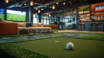 Shot of a VIP boxs mini putting green offering guests the chance to take a break and enjoy a game of golf while still being able to watch the main event photo