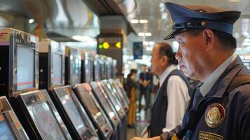 The ticket scanners with security personnel closely monitoring and ensuring only valid tickets are used for entry photo
