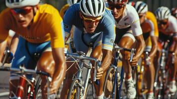 A group of cyclists leaning low into their handlebars as they gain speed on the track photo