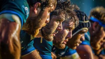 Intense concentration and determination on the faces of rugby players locked in a scrum at the stadium photo