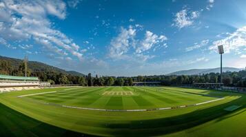 A wideangle view of the cricket ground capturing both the majestic stadium and the scenic landscape surrounding it photo