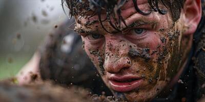 A closeup of a rugby players face full of grit and determination as he braces for impact in the scrum photo