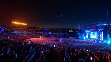 A nighttime concert at a stadium lit up by colorful lights and a sea of glowing phone screens photo