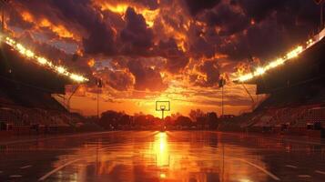 A breathtaking view of a sunset over a stadium with the bright lights of the court creating a stark contrast against the darkening sky photo