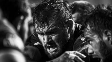 The raw physicality of rugby captured in a closeup of players locked in a scrum at the stadium photo