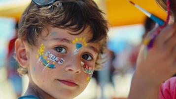 Children eagerly line up for face painting and balloon animals adding to the familyfriendly atmosphere of the stadium photo