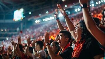 The energetic cheers and chants of rival team supporters create a lively and passionate atmosphere within the stadium photo