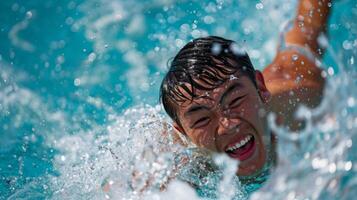 A triumphant smile from a swimmer as they touch the wall and finish their race photo