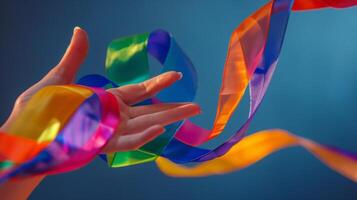 A rhythmic gymnasts colorful ribbon spirals around their hand adding a dynamic element to their performance photo