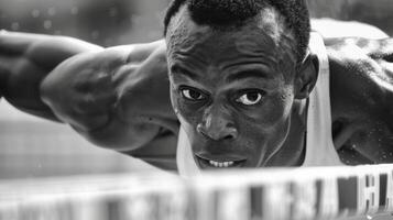 A hurdlers face contorts in effort as they soar over the final obstacle photo