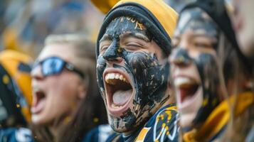 Fans clad in face paint and team gear passionately cheer for their team creating an electric atmosphere photo