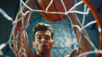 un baloncesto jugadores enfocado expresión como ellos disparar el victorioso cesta foto