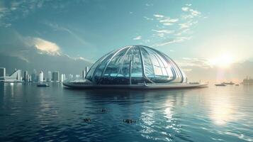 A striking floating stadium designed to resemble a futuristic glass dome offering panoramic views of the surrounding water and cityscape a true marvel on the water photo
