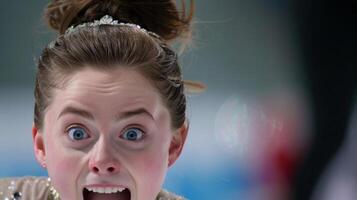A wideeyed expression of excitement from a figure skater as they complete their performance photo