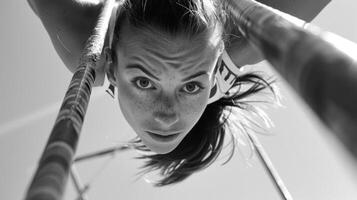 The focused gaze of a pole vaulter as they launch themselves over the final bar photo
