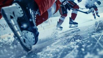 An intense game of ice hockey captured from a closeup angle highlighting the sharp blades in action photo