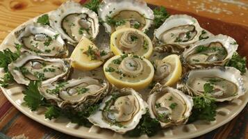 A plate of fresh oysters garnished with lemon wedges and parsley, ready to be enjoyed as a delicious seafood dish photo