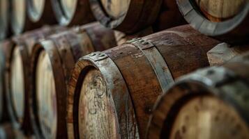 A collection of wooden barrels stacked on top of each other in a stack formation photo