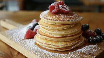 A stack of golden brown pancakes topped with fresh berries and a sprinkle of powdered sugar photo