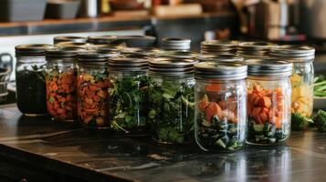 Various mason jars filled with a variety of fresh vegetables arranged neatly on a table photo