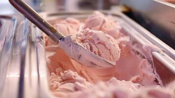 A single scoop of creamy ice cream sits neatly in a plastic container against a plain background photo