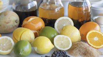 Lemons, lemonade, and assorted ingredients displayed on a table photo