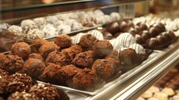 A display case filled with various types of chocolates, showcasing a tempting assortment for chocolate lovers photo