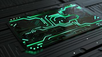 Blank mockup of a matte black license plate with a futuristic font and a digital circuit pattern in neon green photo