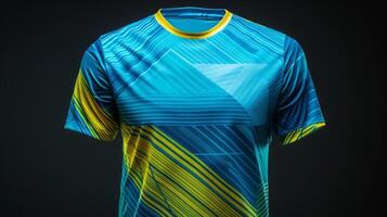 imagen descripción un vibrante azul y amarillo fútbol jersey con geométrico patrones adornando el frente. esta ligero jersey es Perfecto para mejorando tu actuación o foto