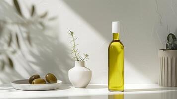 A tall slender glass bottle with a dropper holding premium olive oil. The label features a modern and clean design with a geometric pattern and simple typography photo