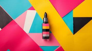 Blank mockup of a bold and playful nail polish bottle with a geometric pattern and an array of bright and vibrant shades perfect for fun and statementmaking manicures photo